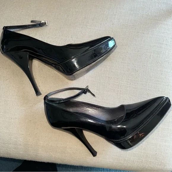 Prada Patent Leather Black Ankle Strap Heels Shoes Pumps 7